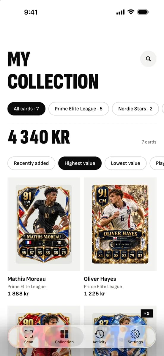 My Collection: 7 cards worth 4 340 kr, sorted by highest value