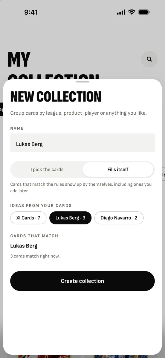 New collection that fills itself: Lukas Berg, 3 cards match right now