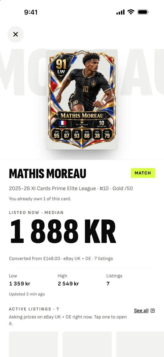 Scan result in CollectXI: Mathis Moreau, marked Match, listed now at a median of 1 888 kr