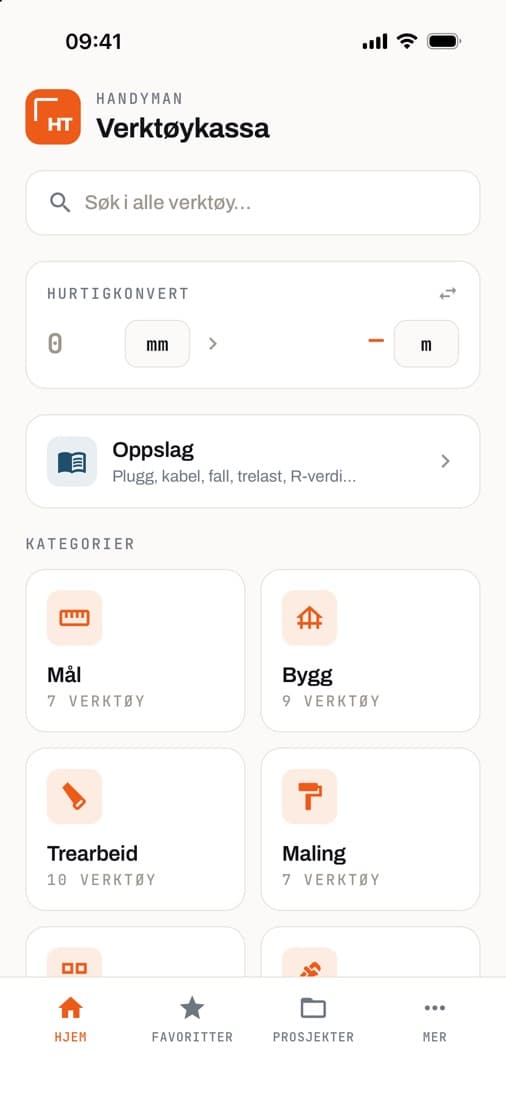 Verktøykassa i Handyman Tools med søk, hurtigkonvertering og kategorier