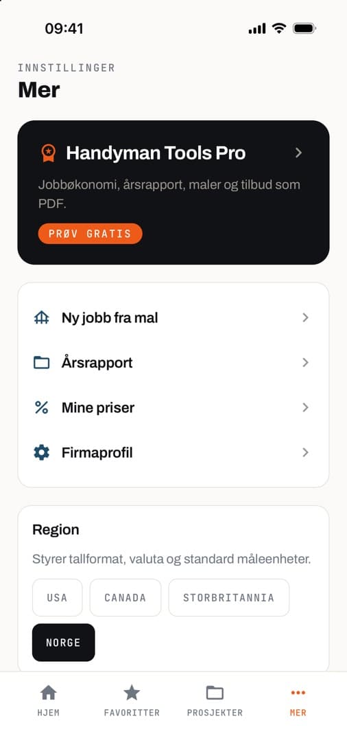 Mer-fanen med Handyman Tools Pro, firmaprofil og innstillinger
