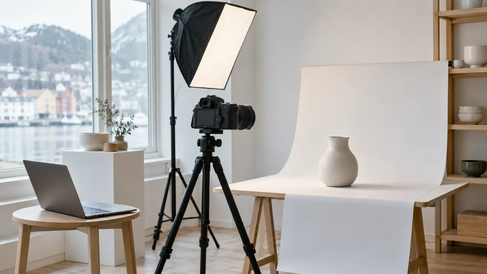 Enkelt fotooppsett med kamera på stativ og softboks for produktbilder til nettsiden