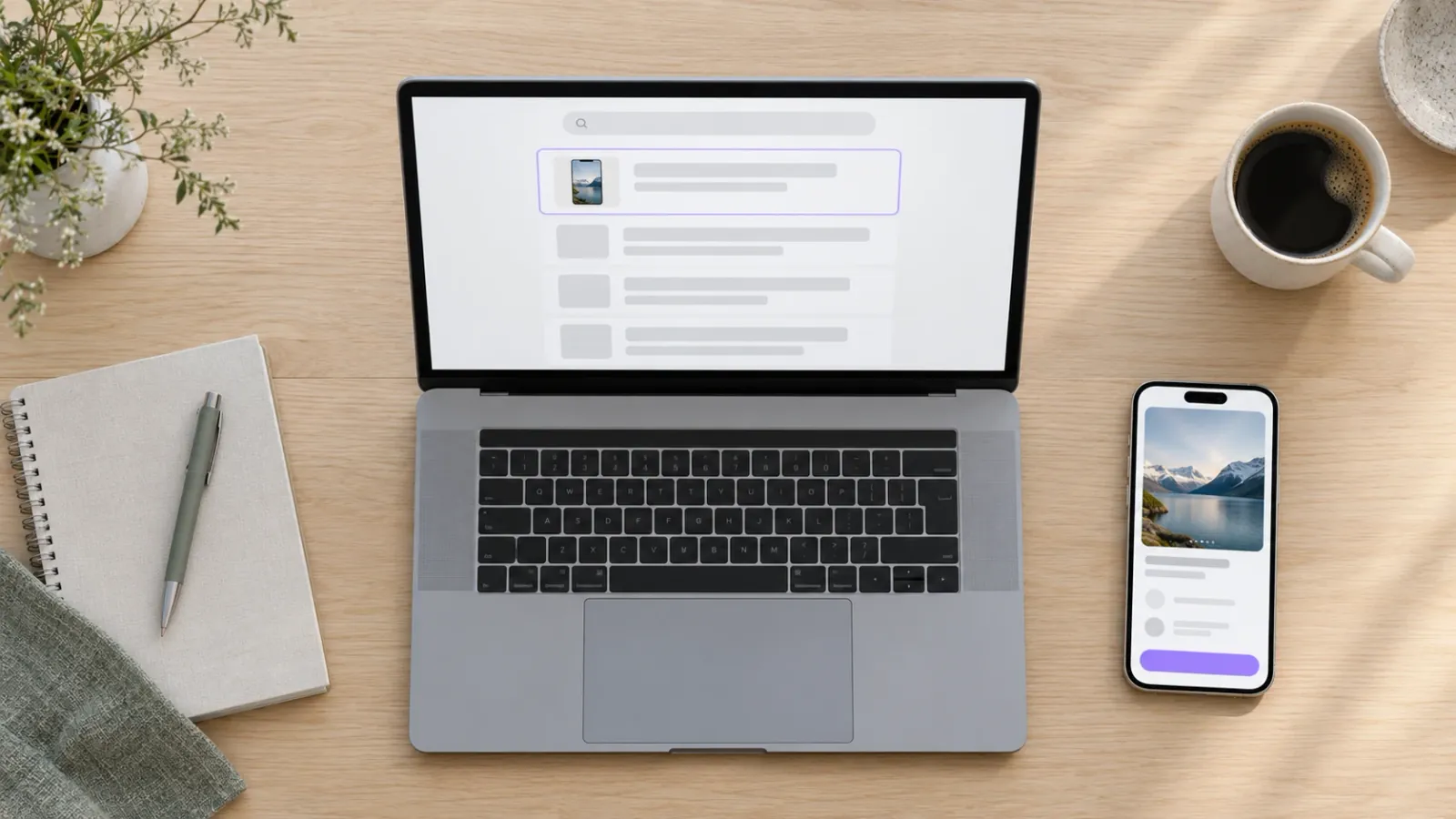 Laptop med søkeresultater der appens nettside ligger øverst, og mobilen med appen ved siden av
