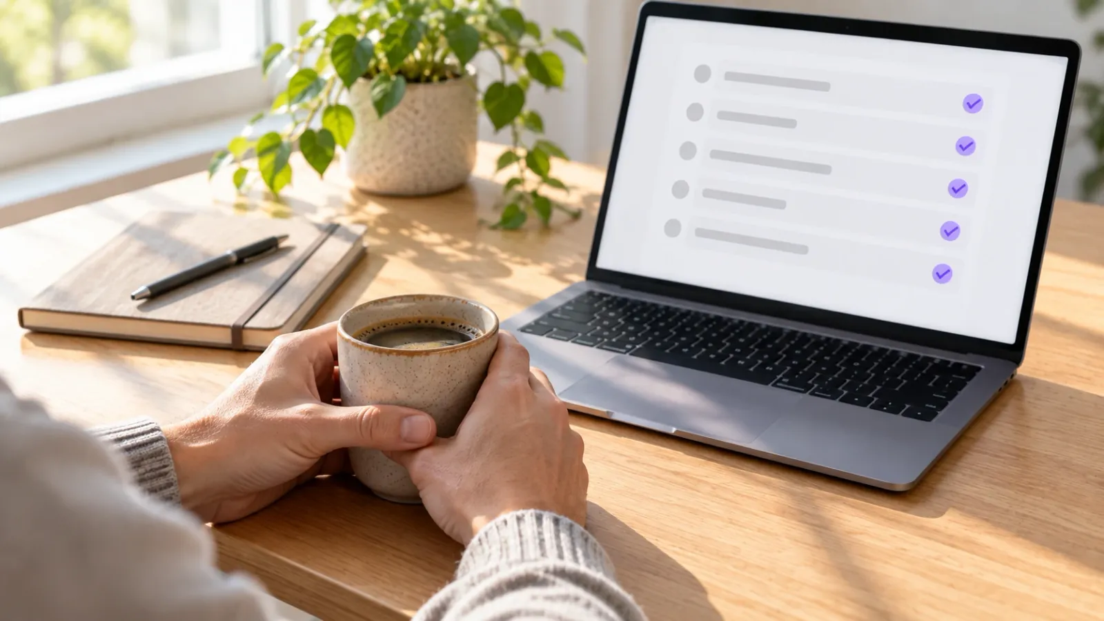 Hender rundt en kaffekopp foran en laptop der alle oppgavene i listen er krysset av