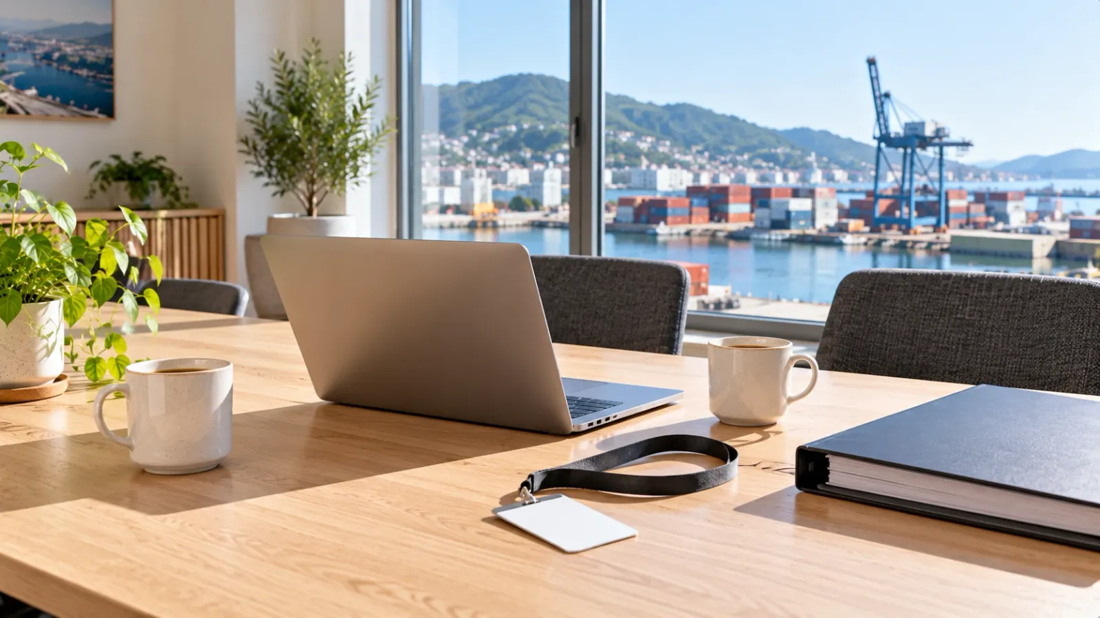 Møtebord med laptop, et blankt besøkskort og to kaffekopper, med havnen utenfor vinduet