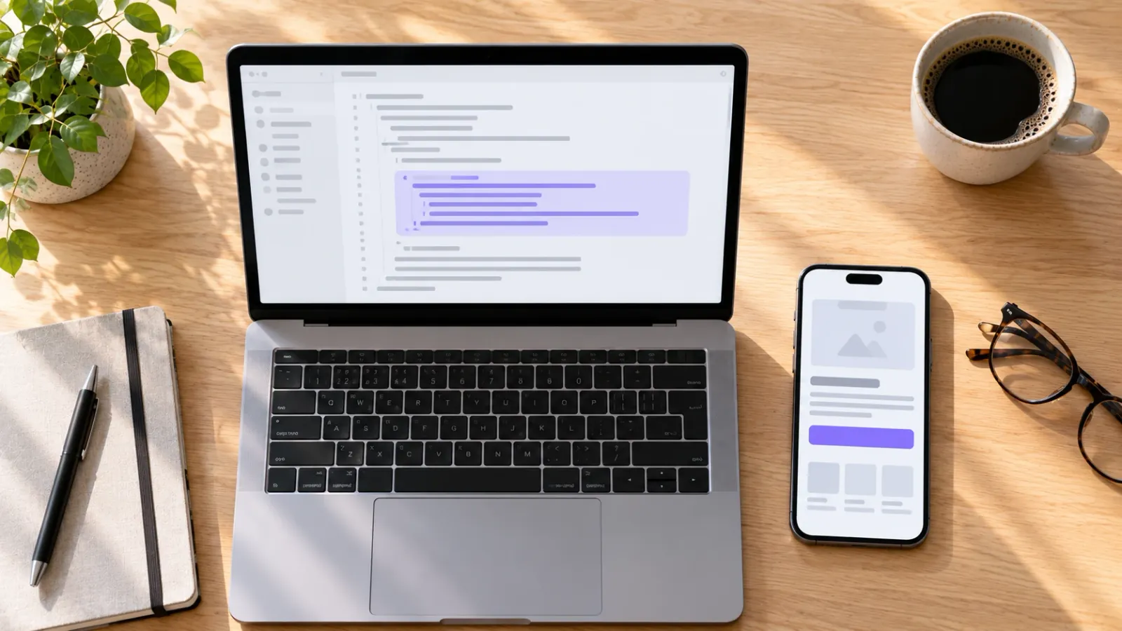 Laptop med en kodeeditor der et forslag fra en KI-assistent er markert i fiolett, og nettsiden vist på mobilen