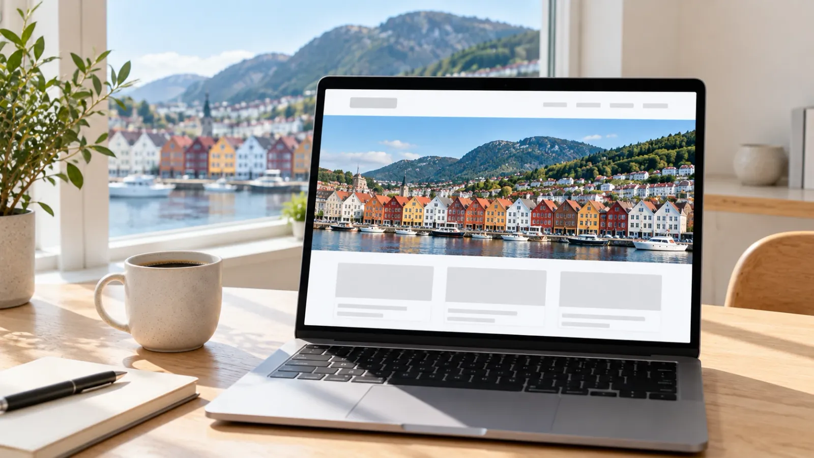 Laptop som viser en nettside med bilde av Bryggen i Bergen