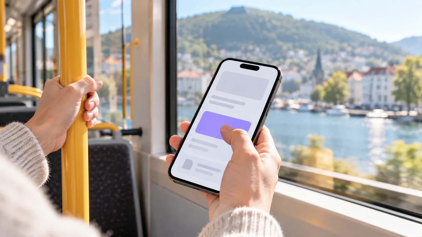 Hånd med mobil på Bybanen i Bergen, tommelen midt i en app, den andre hånden rundt en stang