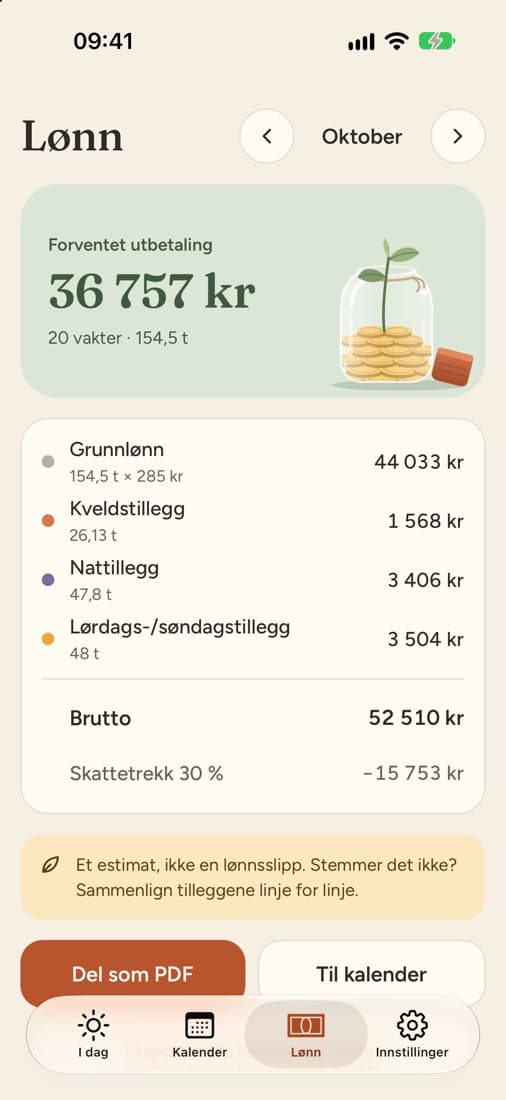 Lønnsoversikten med grunnlønn og hvert tillegg spesifisert