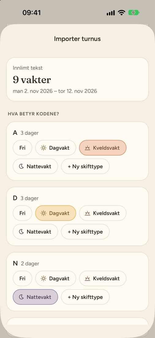 Import av turnus fra kalenderlenke, fil, regneark eller innlimt tekst